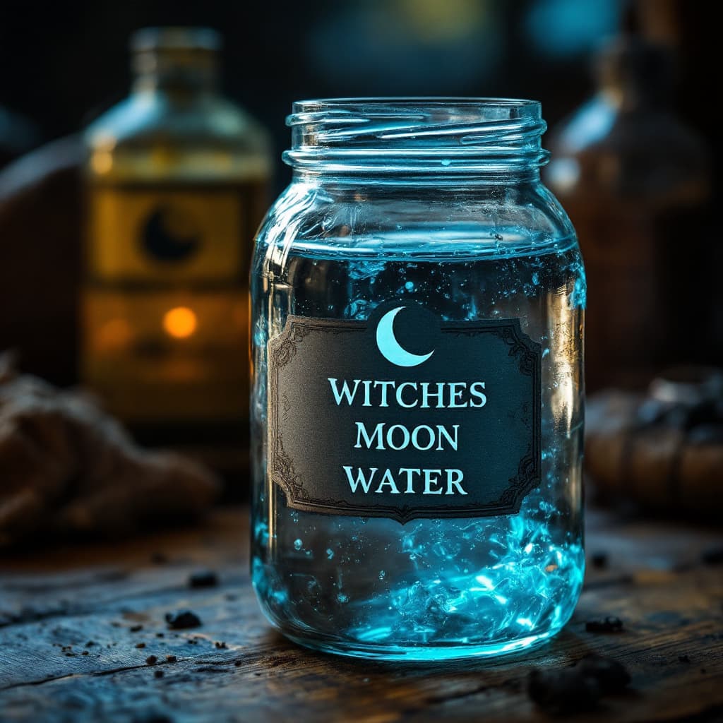 AI generated: photorealistic image shows a jar of water-like substance on a table, with the label reading \"Witche...