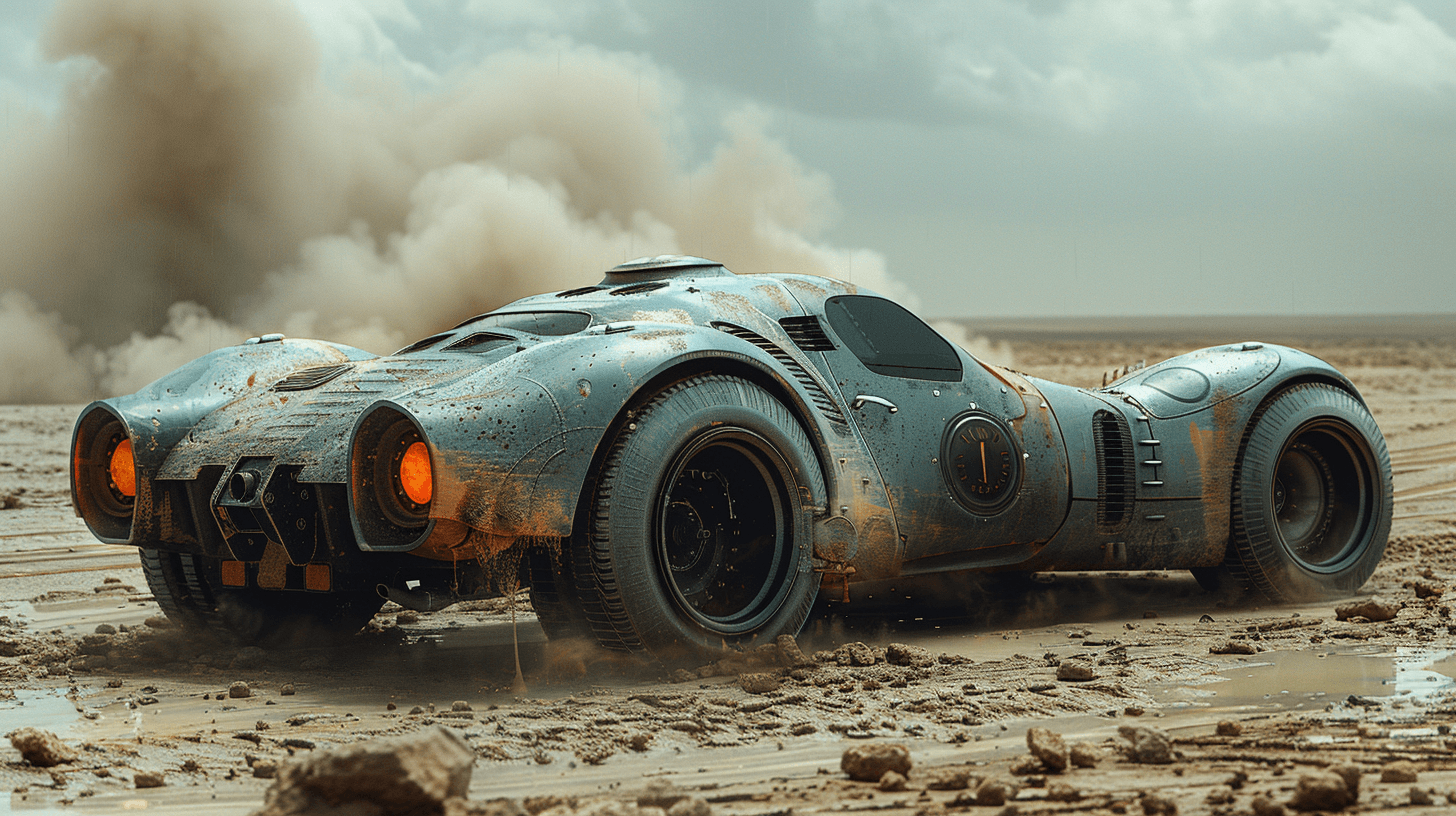 AI generated: ((Concept Sport Car)), realism, Tank, powerful , Dirt, brick , smoke, GTA style, A wrecked car, Apoc...
