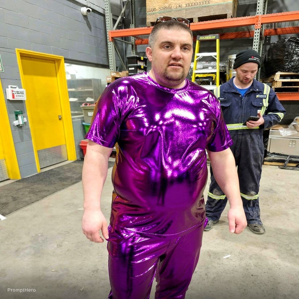 AI generated: Shiny metallic micro sets like this purple one—slingshot bottom, barely-there top, glossy wet-look t...