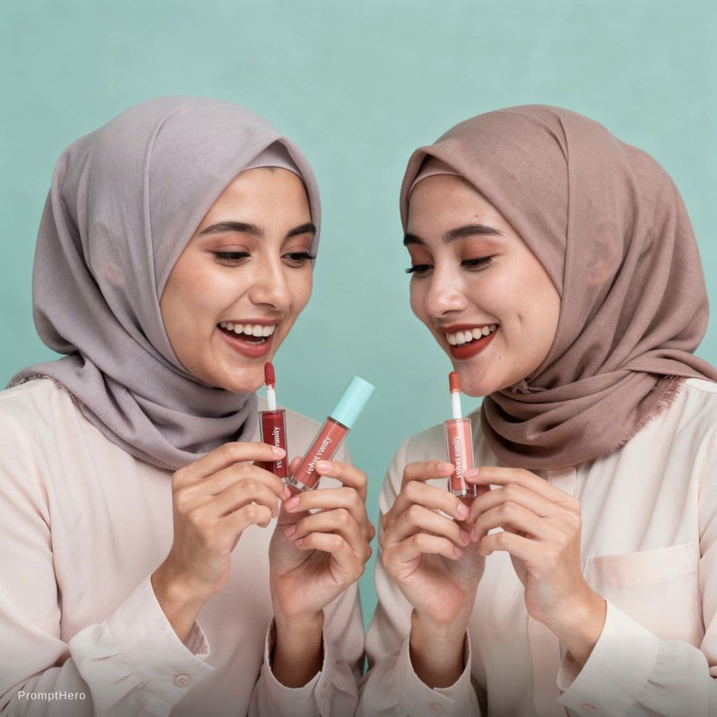 AI generated: make me a visual of 2 modern hijabi trying the VelvetVanity lip care products such as the ones in th...