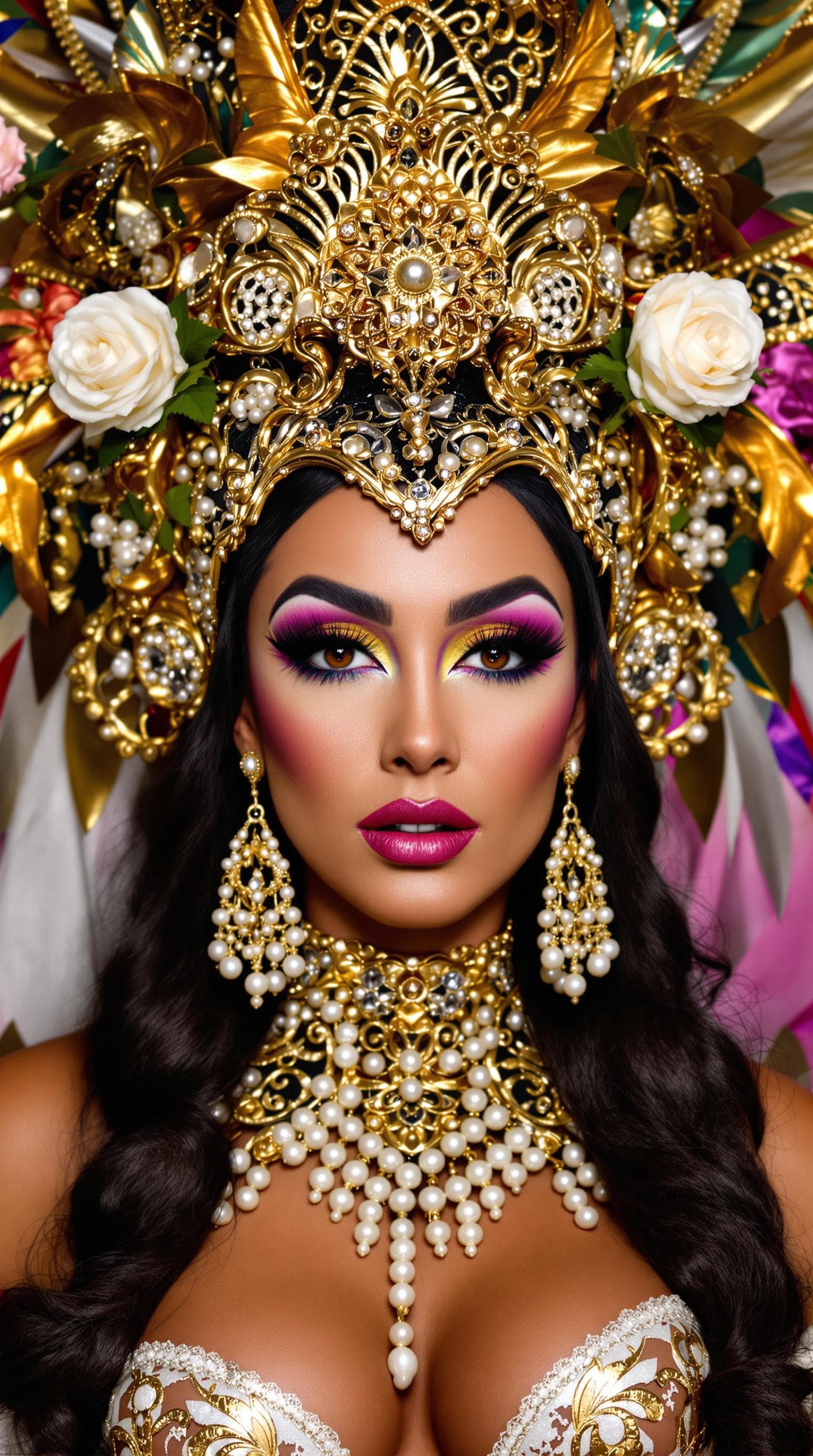 AI generated: "Image is a highly stylised portrait featuring a carnival woman dancer with a striking and elaborate...
