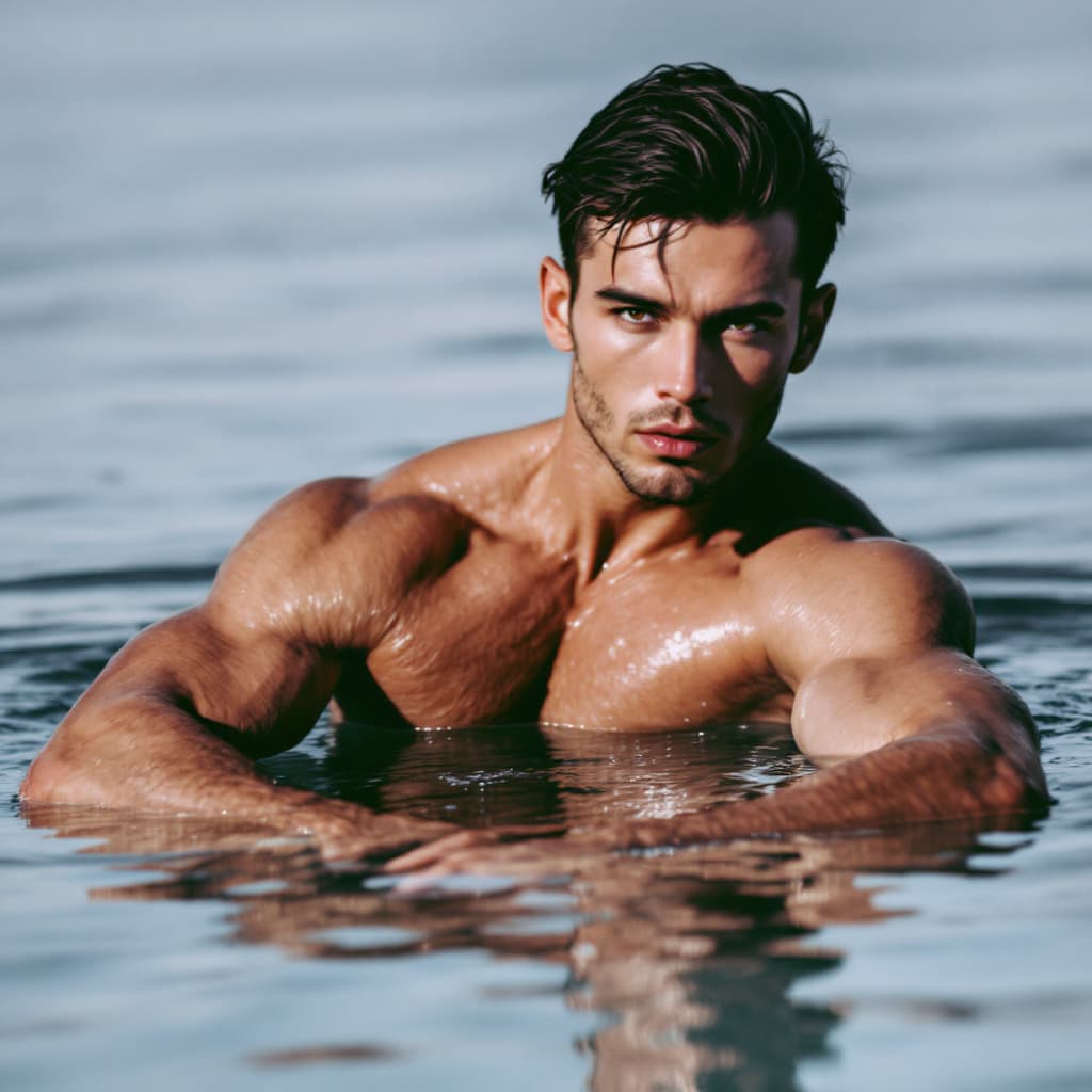 AI generated: Male model posing in water with muscle 
