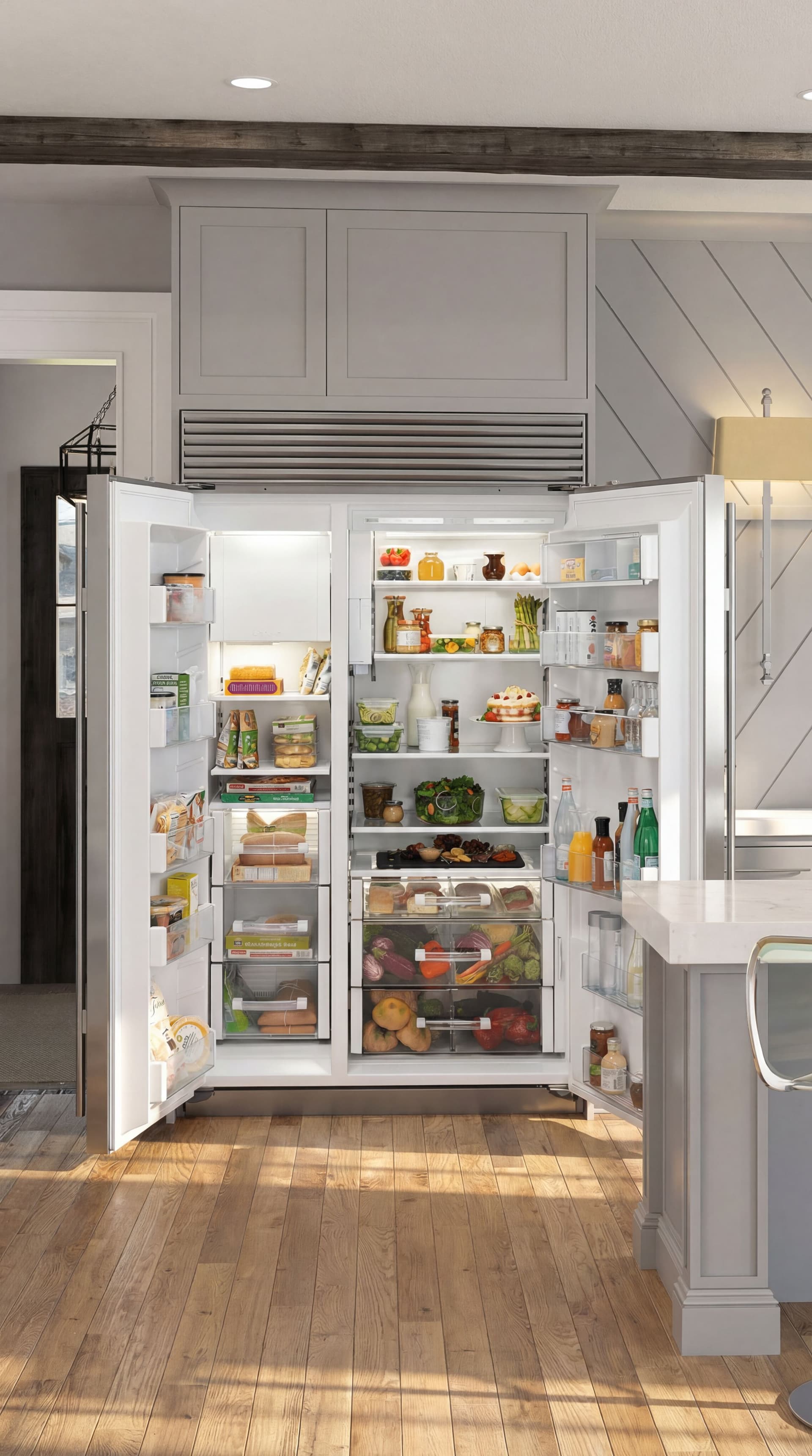AI generated: Create lifestyle photo. Ultra realistic. Built-in Cabinetry Fridge and Freezer as seen in input imag...