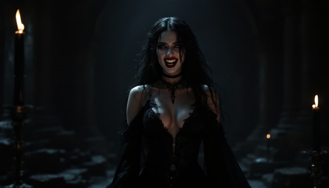 AI generated: female vampire with long incisors exposed, mouth open revealing sharp fangs, full body in a flowing ...
