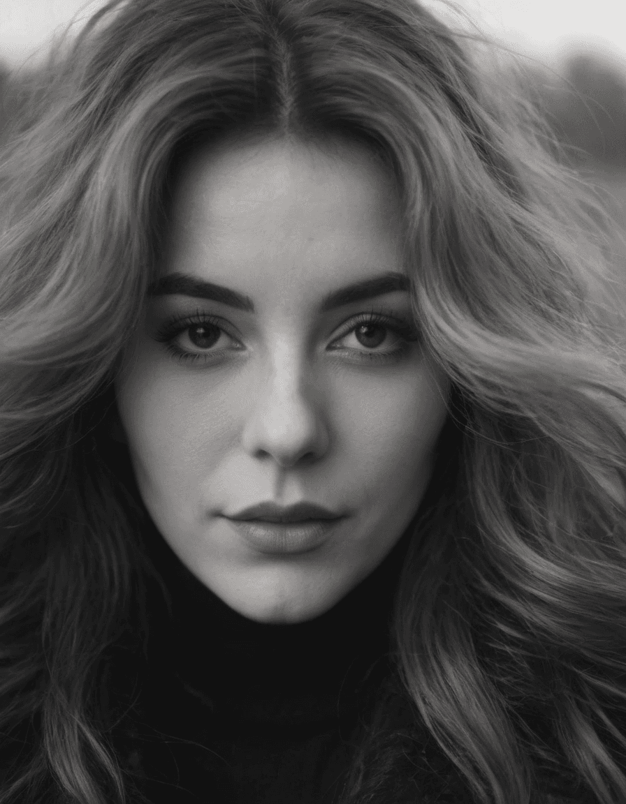 AI generated: a woman with long wild hair on a windy day, in the style of toy camera effects, haunting elegance, f...