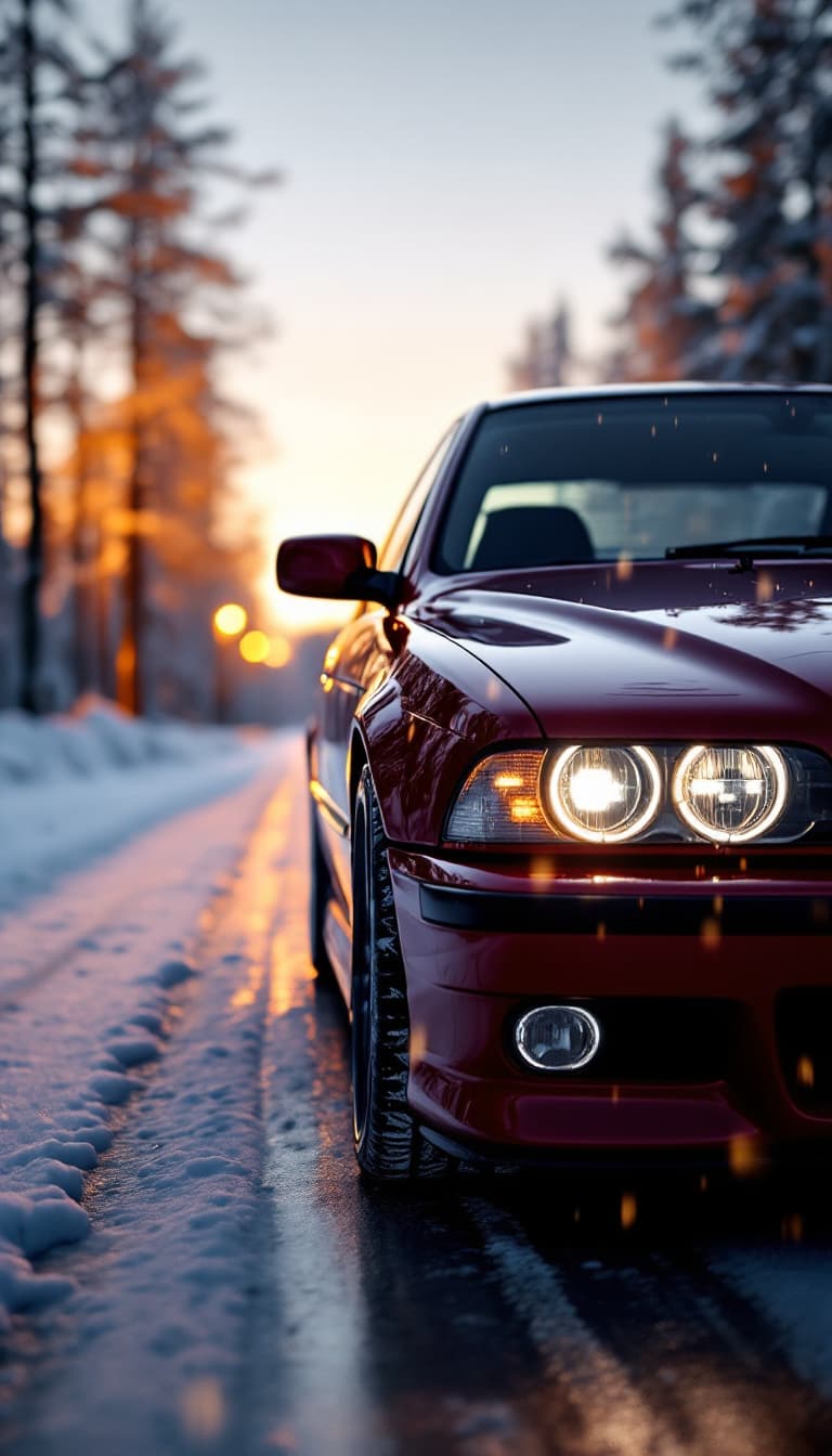AI generated: Photo of a ultra realistic wine red bmw e39 m5, bmw angel eyes, halogen fog lights, dramatic light, ...