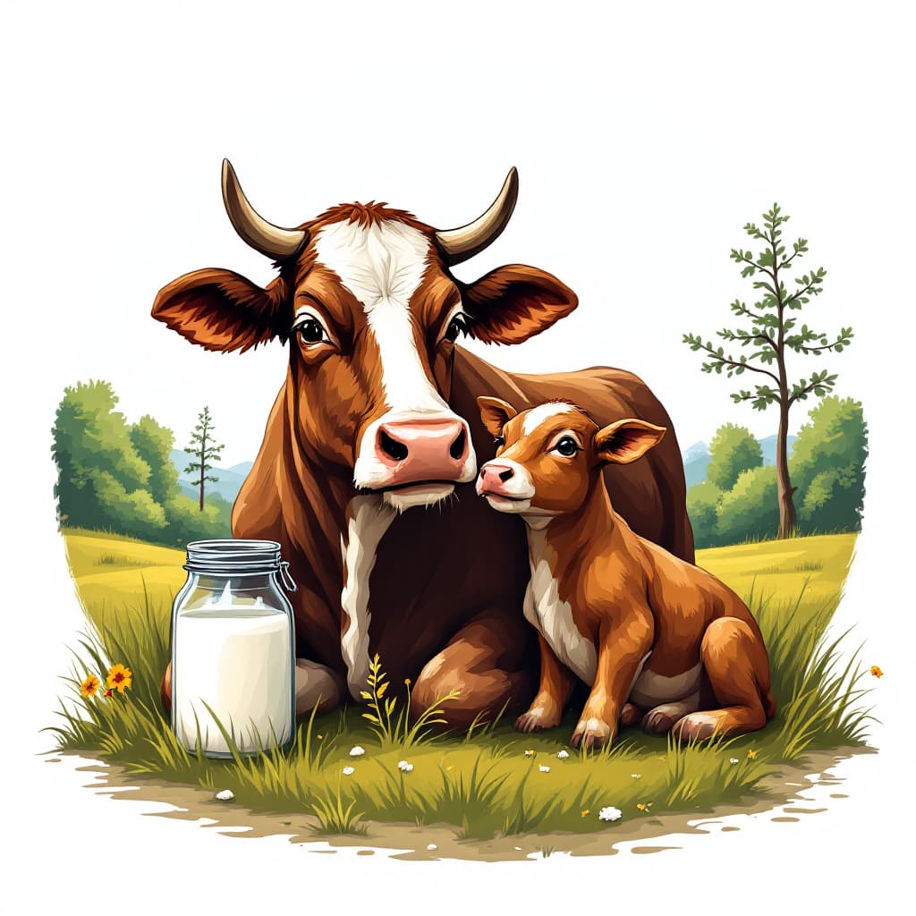 AI generated: cow ghee logo with cow and calf drinking milk from cow
