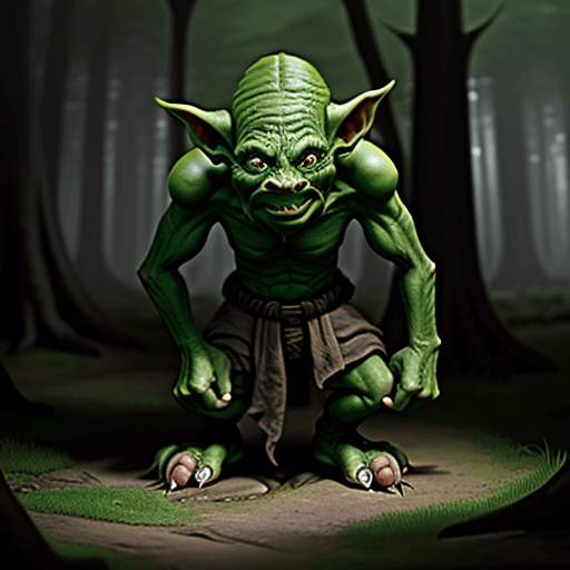 AI generated: DnD goblin with very big feet in a forest, cinematic light, photorealistic, mystical