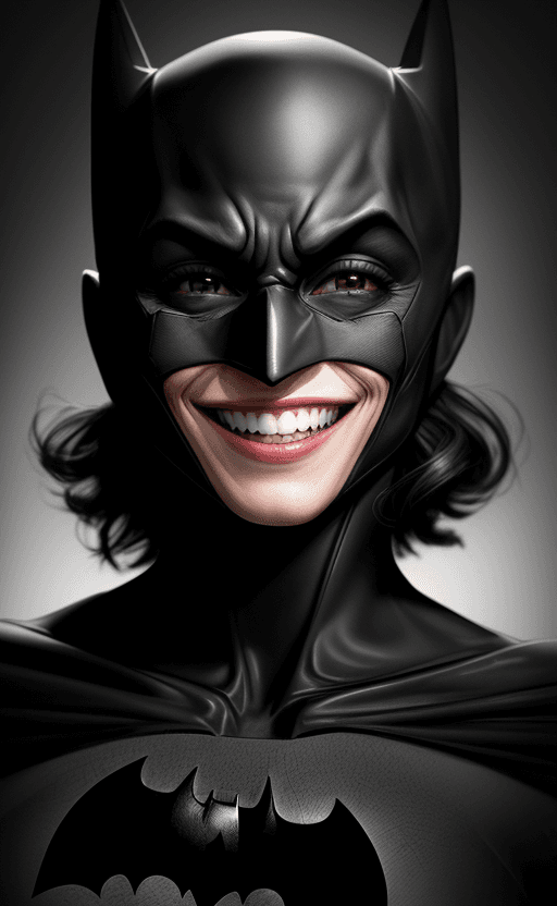 AI generated: Portrait of Batman, beautiful smile, with beautiful teeth, En trois quarts, Award-winning photograph...
