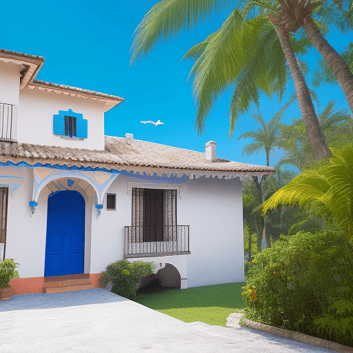 AI generated: UN AVE VOLANDO CON ALAS MULTICOLOR CON UN CIELO AZUL Y UN SOL BRILLANTE, CON UNA CASA DE CAMPO CERCA...