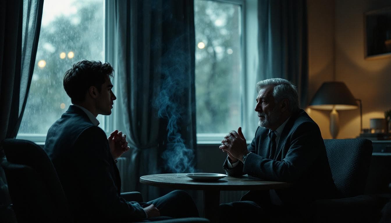 AI generated: Cinematic shot inside a dim Berlin apartment, young man facing a grey-haired gentleman in a grey sui...