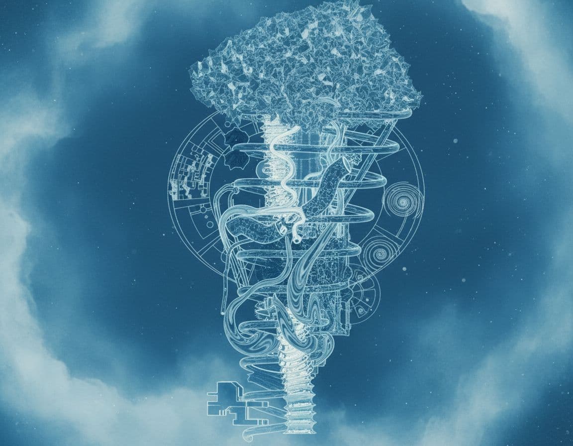 AI generated: bstract architectural collage in blue and white. The uploaded structure is transformed into flowing ...