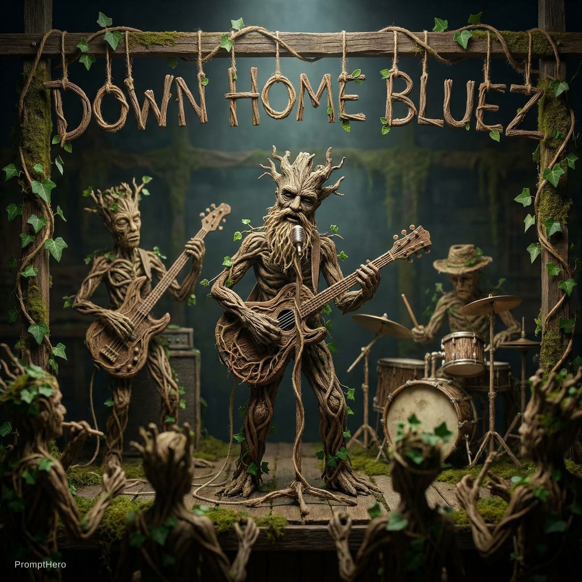 AI generated: A blues band playing a blues song. They are made of twine, ivy and wood. With the text 'Down Home Bl...