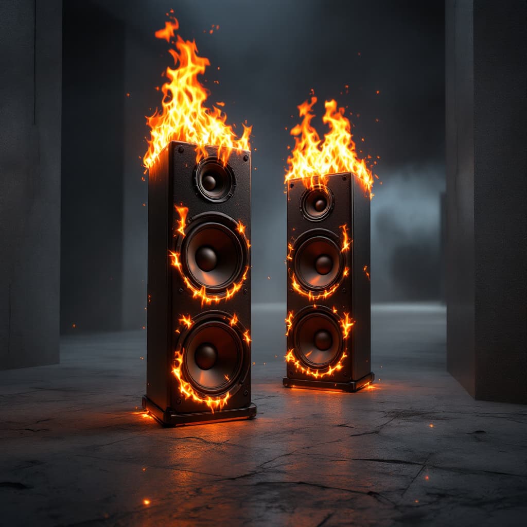 AI generated: tall music speakers with 3 woofers on all sides on fire in a deserted room with dark abstract walls ...