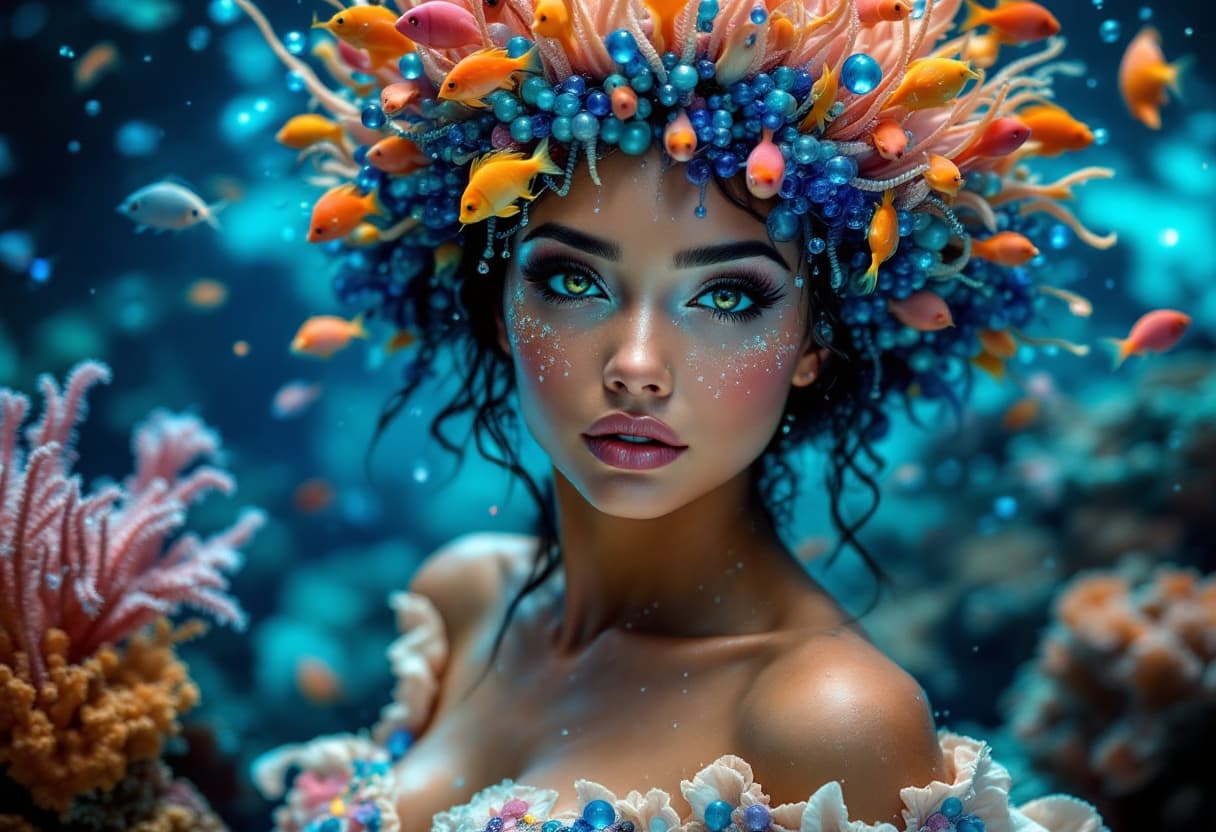 AI generated: cena subaquática, uma sereia barroca usando uma coroa opulenta feita de ramos ramificados de corais ...