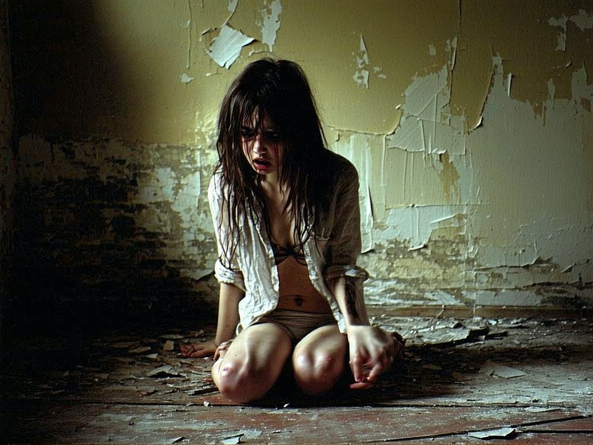 AI generated: Prostrate young girl, 16, fear etched on her face, tears streaming down, disheveled hair, half-rippe...