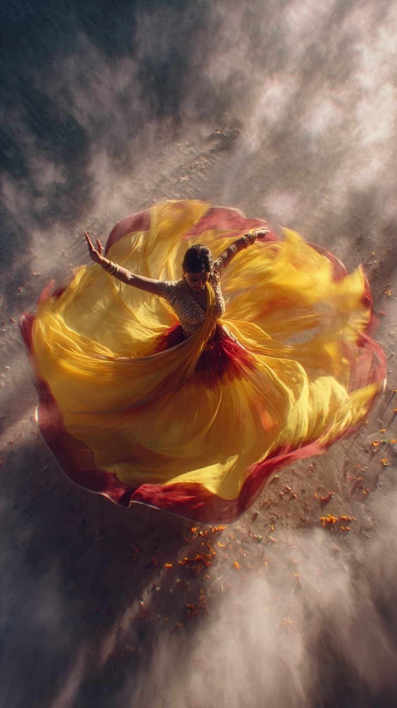 AI generated: A mesmerizing Indian female dancer captured in mid-whirl from a dramatic top-angle shot. She wears a...
