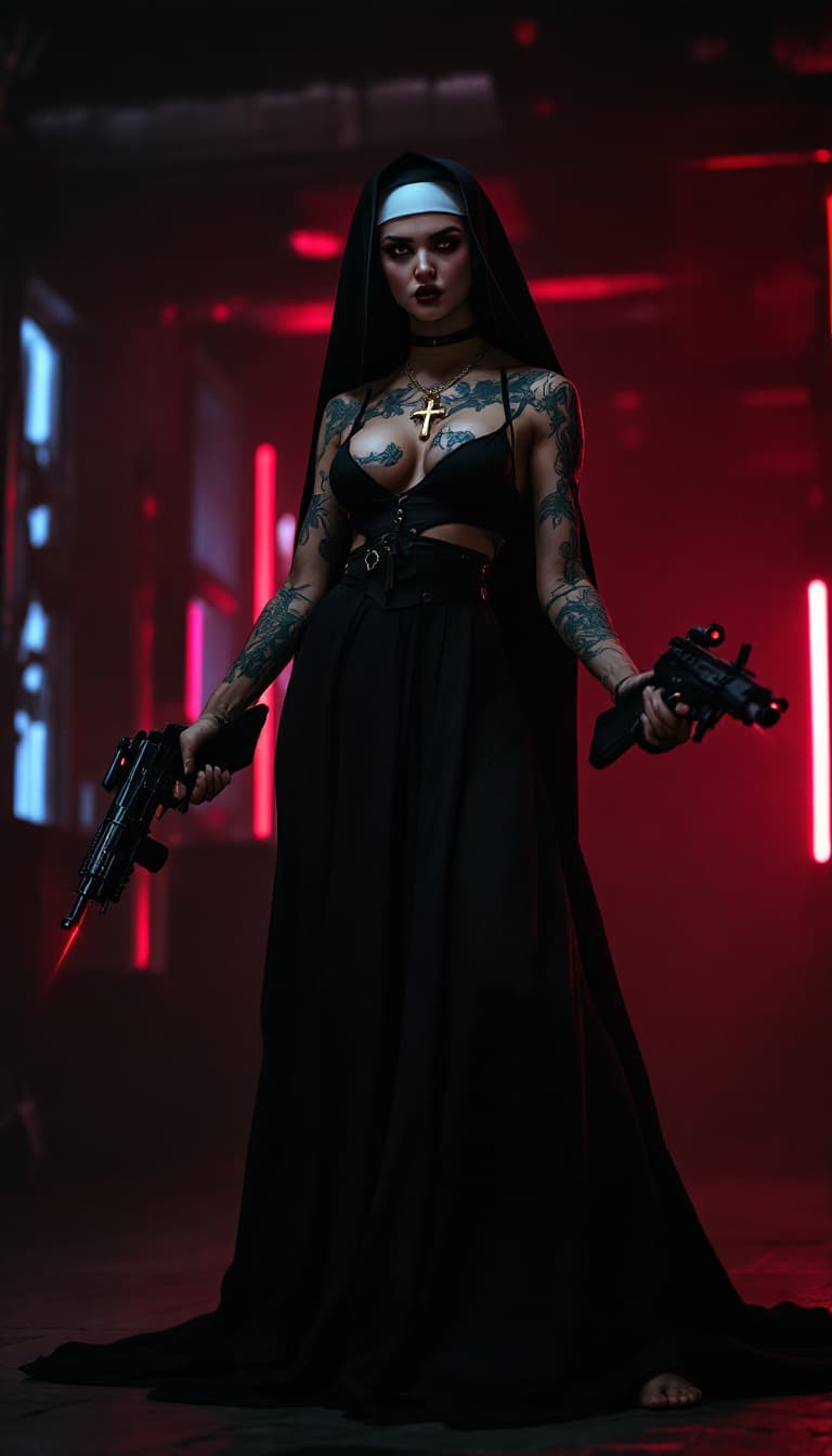 AI generated: Full body view of a young beautiful tattooed nun with a modern twist. She wears traditional nun atti...