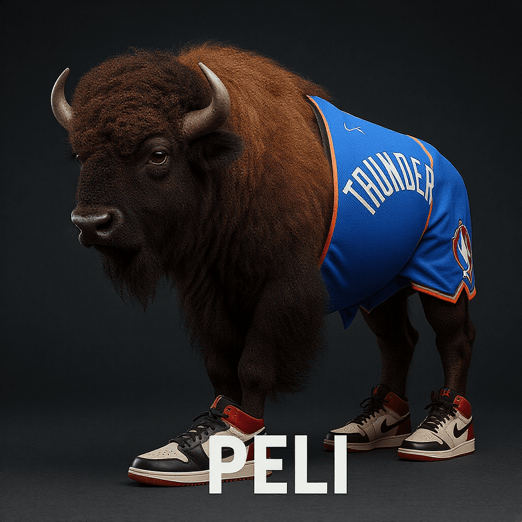 AI generated: A Buffalo wearing a Thunder basketball jersey and Nike Air Jordan-inspired sneakers, with the text "...