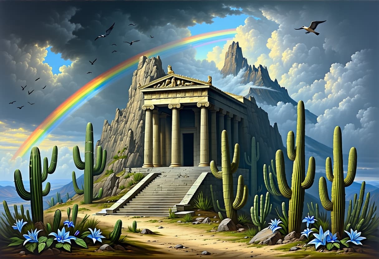 AI generated: An oil painting in the style of H.R. Giger and Zdzisław Beksiński of an ancient Greek temple on the ...