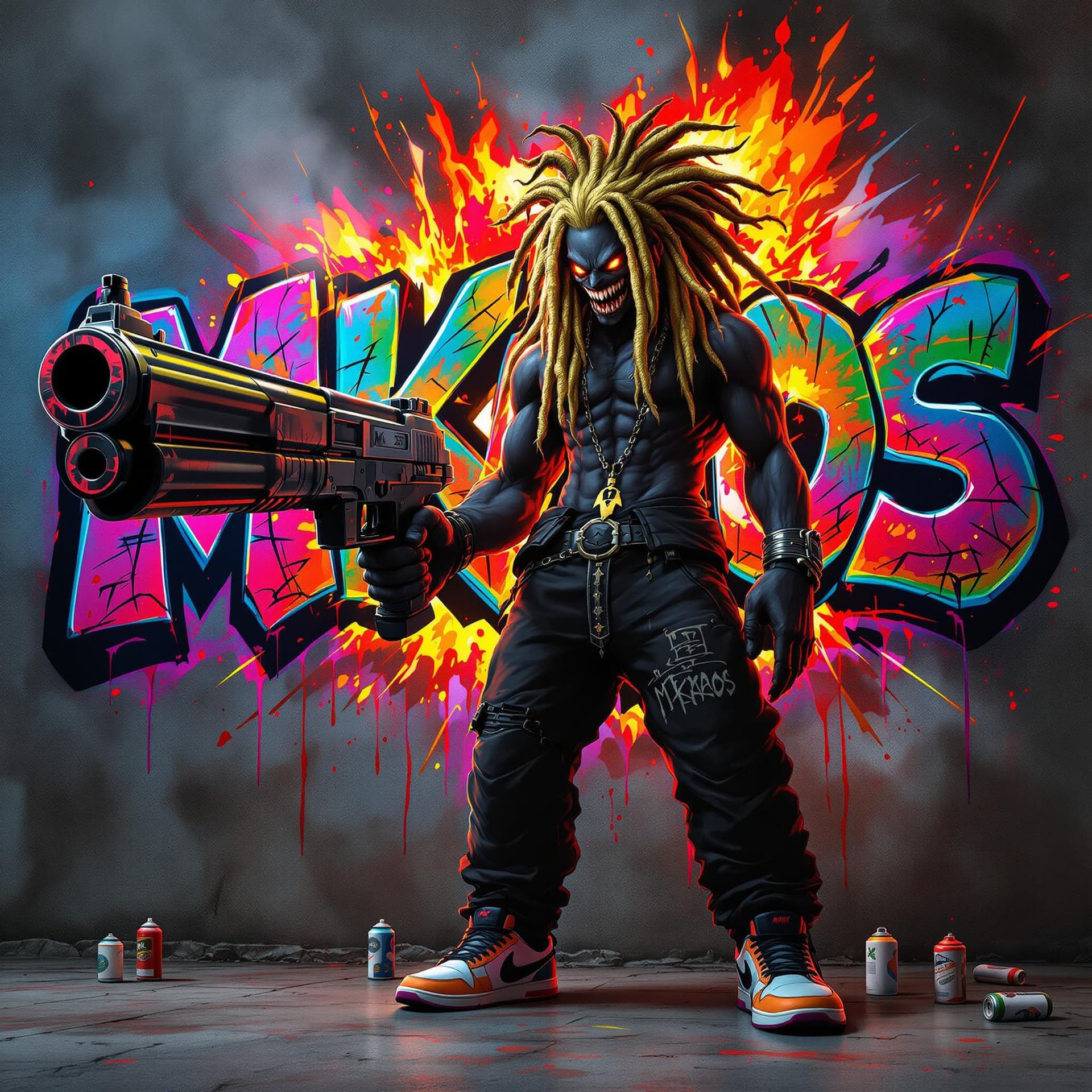 AI generated: a evil graffiti anime style character with really dark coal black skin and glowing eyes, there shoul...