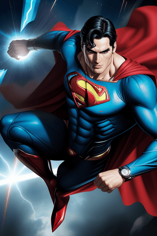 AI generated: Superman transforms into a watch with the design and character of Superman. The watch is blue and re...