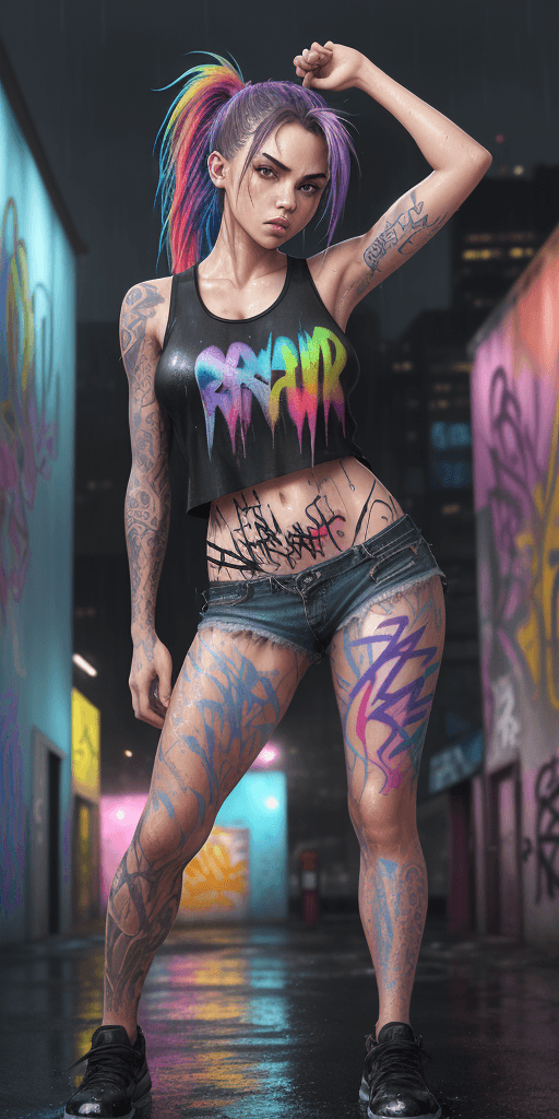 AI generated: masterpiece, concept art, centered, wide shot, front view, 1girl, wet, (rain, night), body tattoo, m...