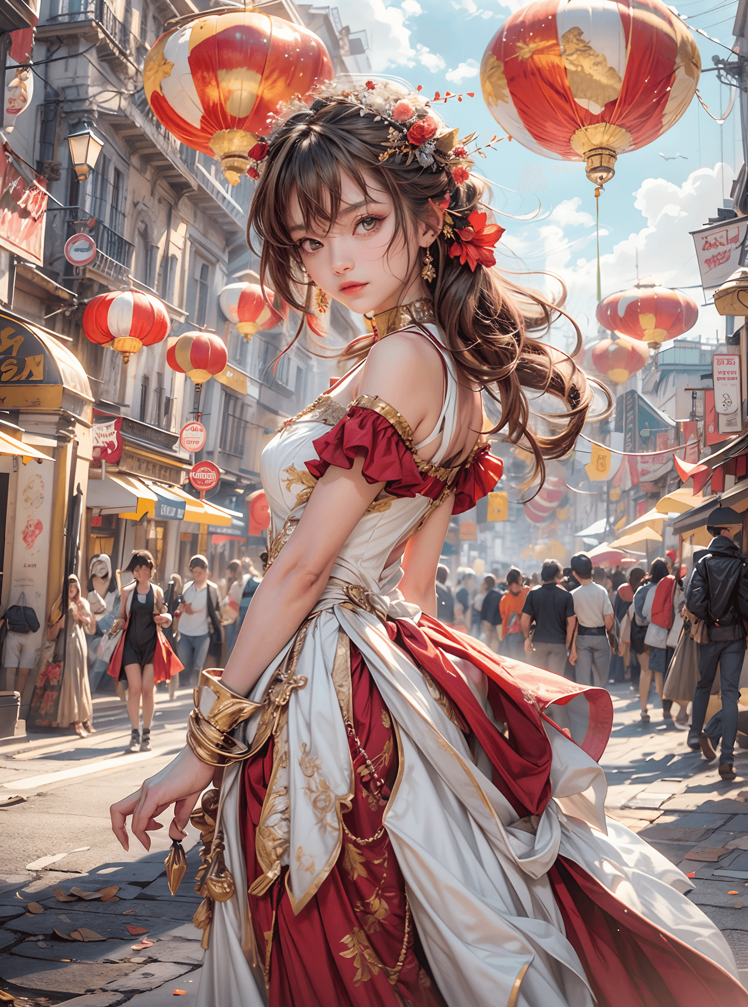 AI generated: mid shot, photography, masterpiece, a woman in a red and white dress walking down a street, inspired...