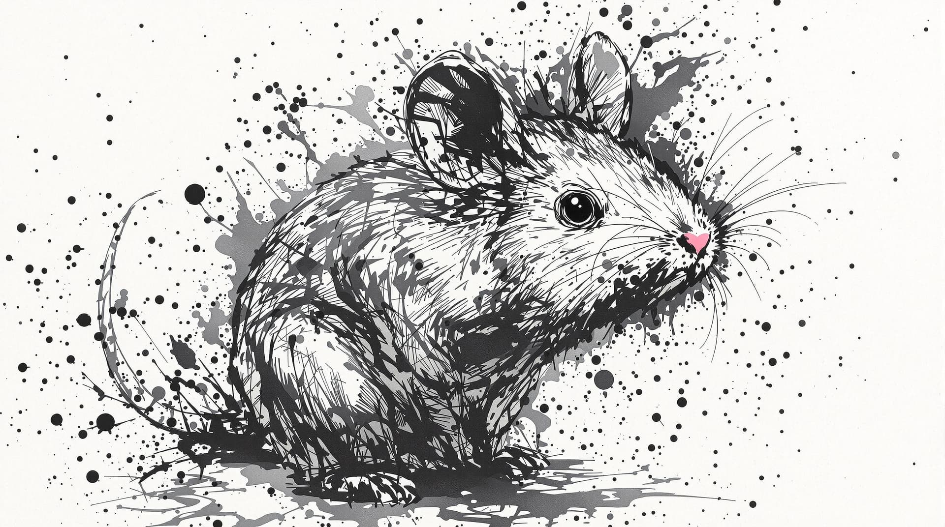 AI generated: Mouse, detailed,ink style,Ink splash art on the background,ink style,The whole is on the right，Ink w...