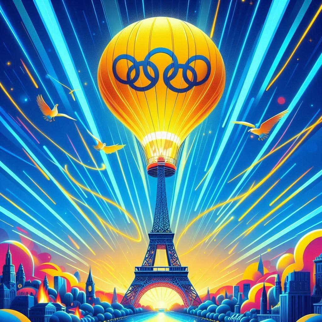 AI generated: visuel des JO 2024 à paris, art, concept art, vectoriel, coloré, minimaliste, montgolfière jaune en ...