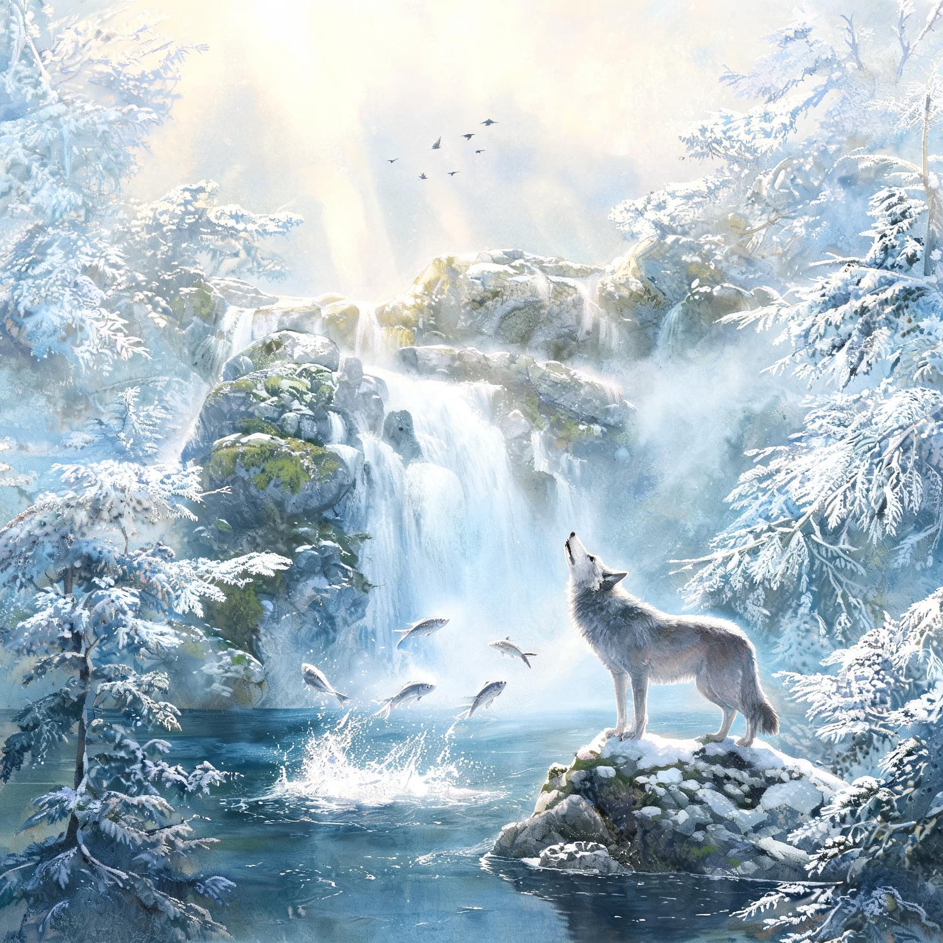 AI generated: Airbrushed watercolor painting, serene winter landscape, majestic waterfall, delicate lace-like pine...