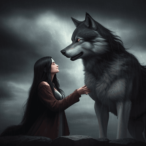 AI generated:  A women with long dark hair in the rain with a wolf with a dark cloud in sky