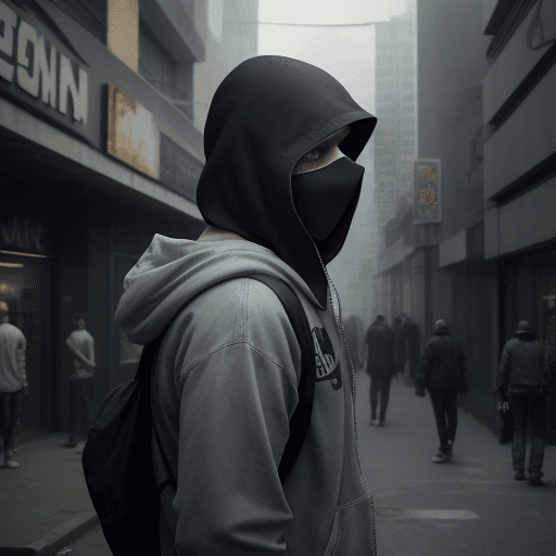 AI generated: cinematic 4K image of a photo-realistic, enigmatic character standing amidst a chaotic urban environ...