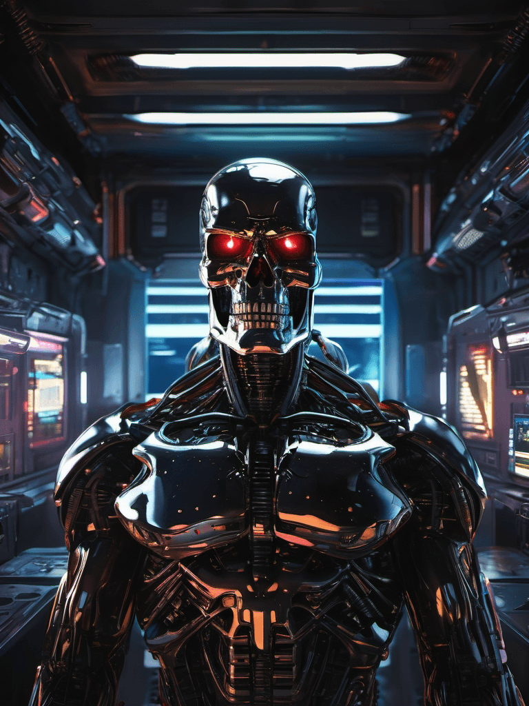 AI generated: a terminator with skull-like face in the space station, neon lights reflections, reflection mapping,...