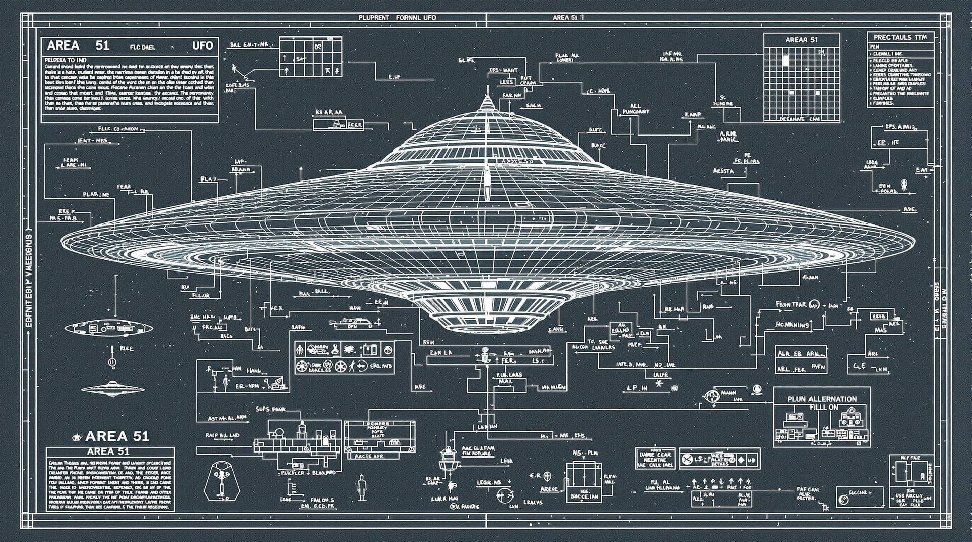 AI generated: A blueprint of a UFO with details, found at area 51