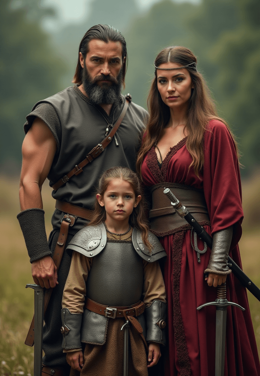 AI generated: A cinematic photo of a warrior family of four living in ancient times, The photo show a father and m...
