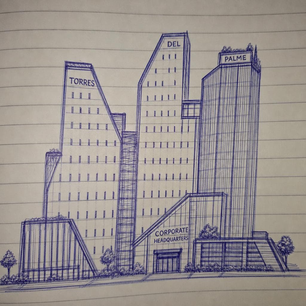AI generated: Make this sketch building look like office headquarters. Keep the lines and geometry of the picture.