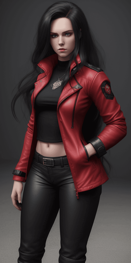 AI generated: Amy Johnston, (red jacket:1. 4), (black pants:1. 5), (long hair:1. 4), black shoes, leather outfit, ...
