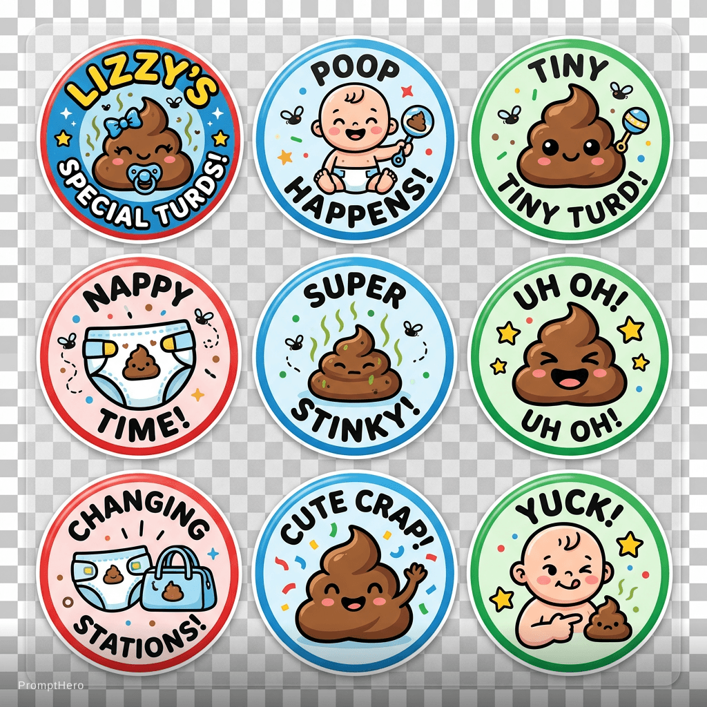 AI generated: Circular stickers, logo reads "Lizzy's Special Turds!", nursery themed, cute, stinky, poop,red green...