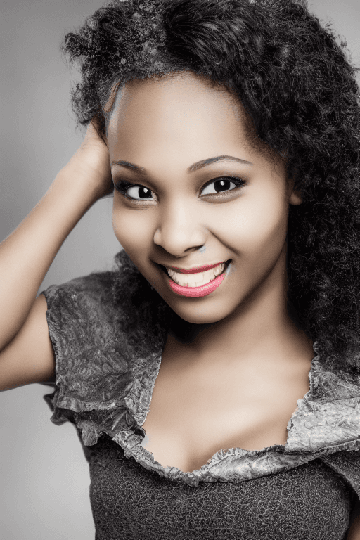 AI generated: dark background, dramatic light, backlight, rim lighting, wonderful woman black 20yo, hair snow whit...