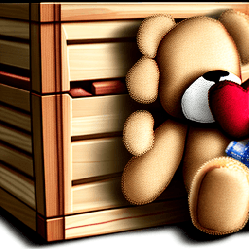 AI generated: view from 1 meter away of a large wooden toy box with one small sad teddy bear inside. high detail.