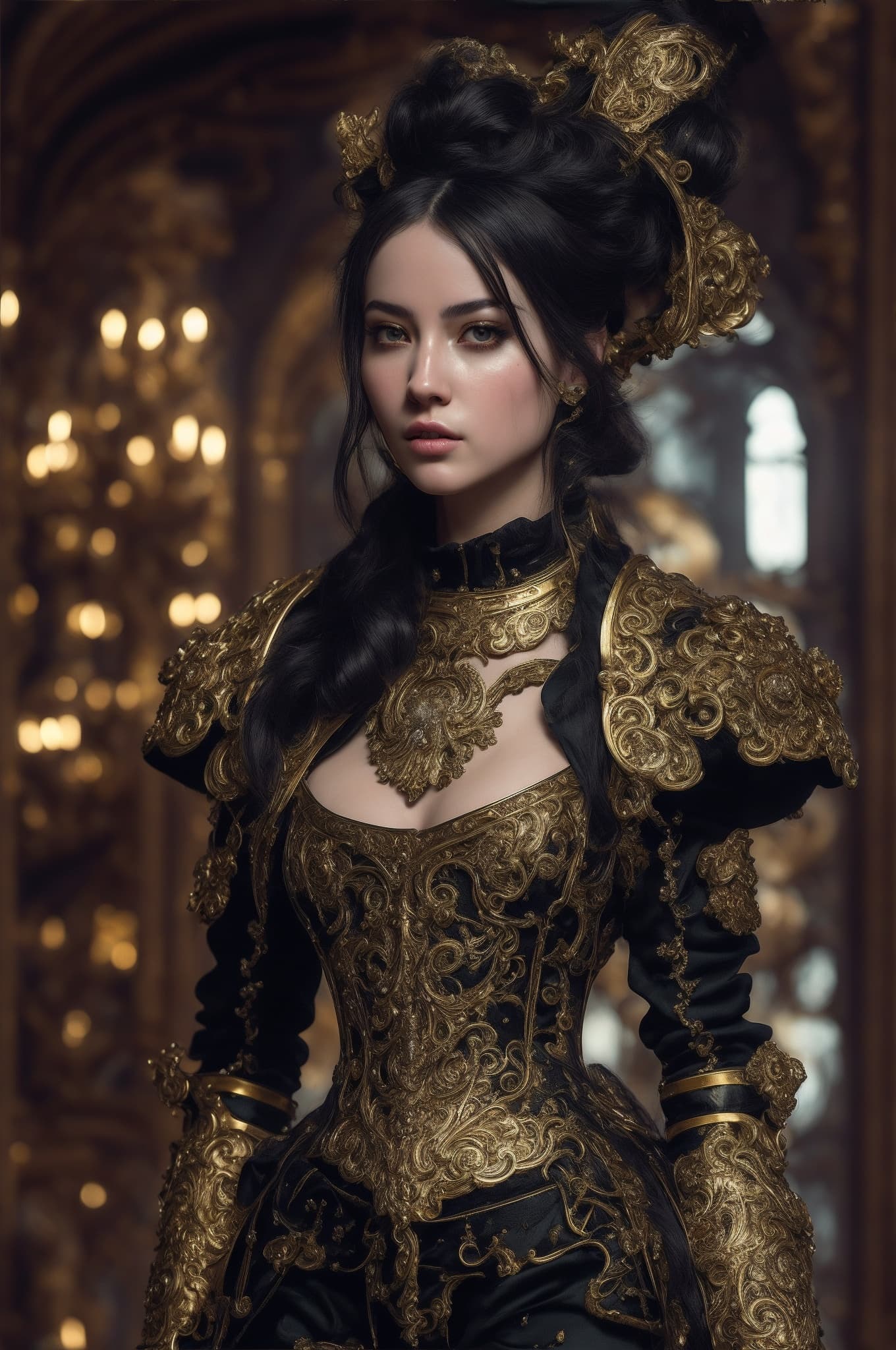 AI generated: 100 mm lens, perfect angle, upper body, looking toward camera, dynamic pose, centered, baroque ornat...