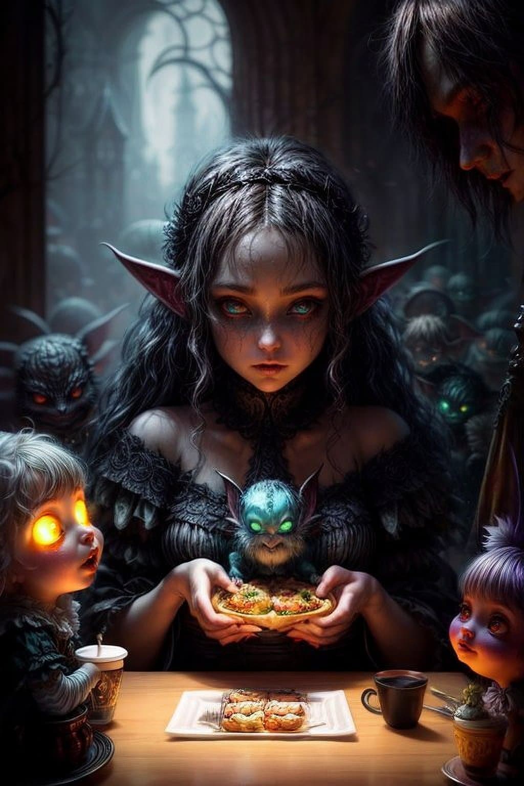 AI generated: luminism, a close up monster family having dinner in the overcrowded fast-food, a close up cute magi...