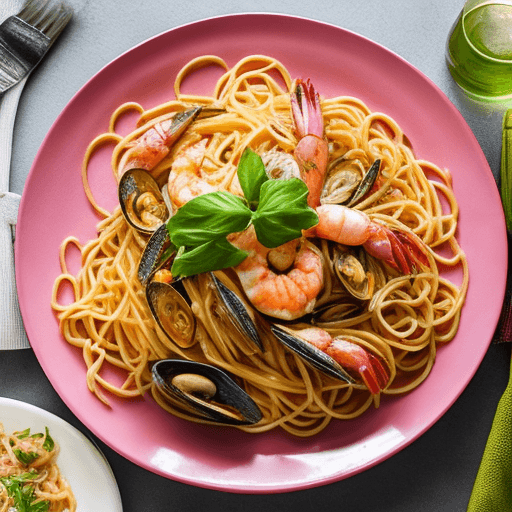AI generated: Create a mouthwatering seafood spaghetti masterpiece. The spaghetti boasts a shiny pink color, elega...