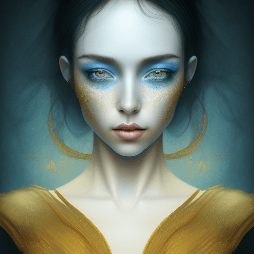 AI generated: A woman in blue paint with a black hair, in the style of hyperrealistic marine life, dark gold and g...