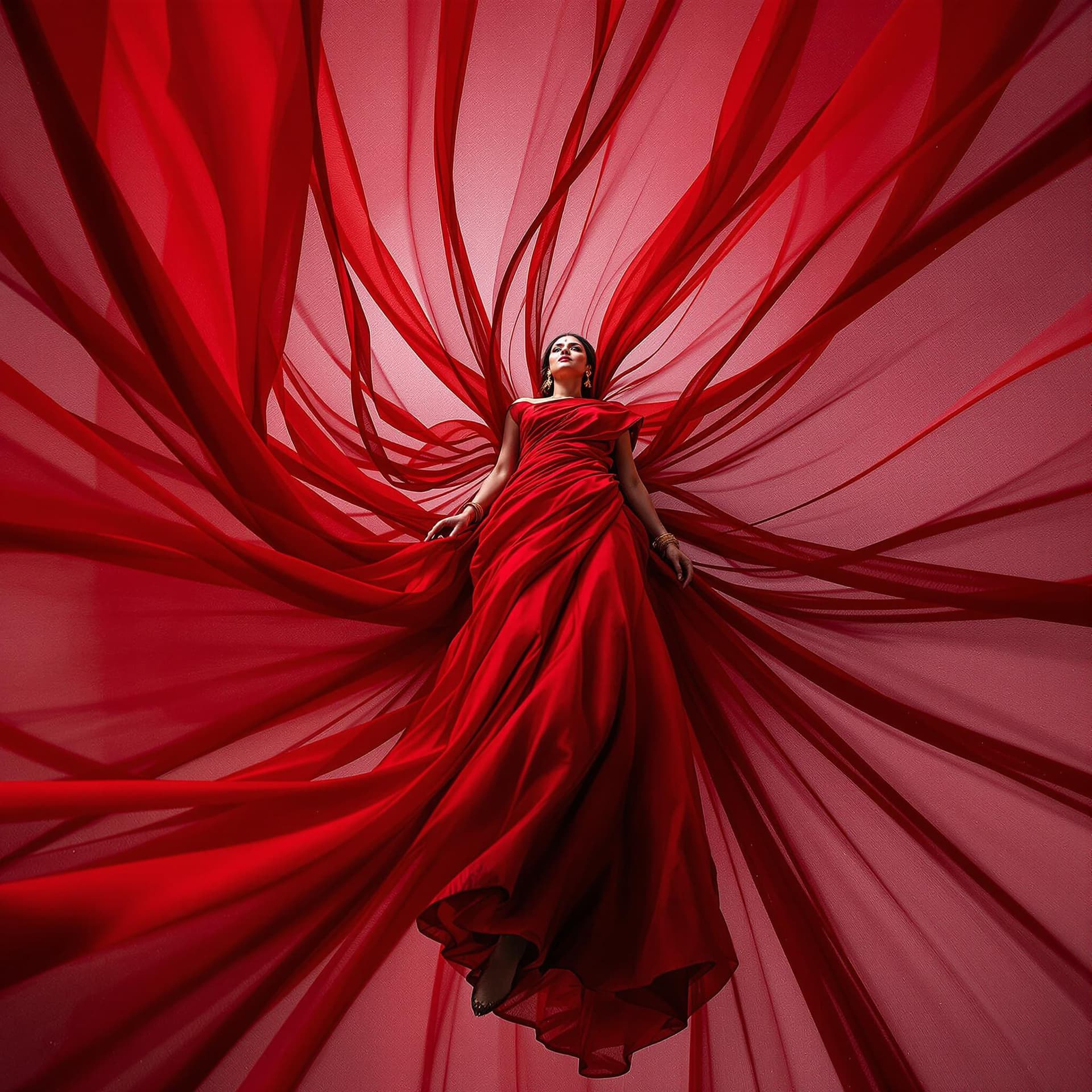 AI generated: Fashion photograph in the style of “bug’s-eye view” of a beautiful 45yo old Indian women wearing flo...