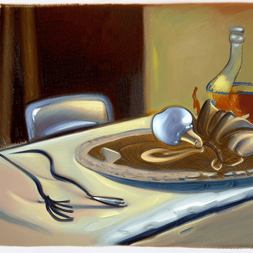 AI generated: An Impressionist painting featuring an ornate table. On the table: a skull with a laurel crown, an e...