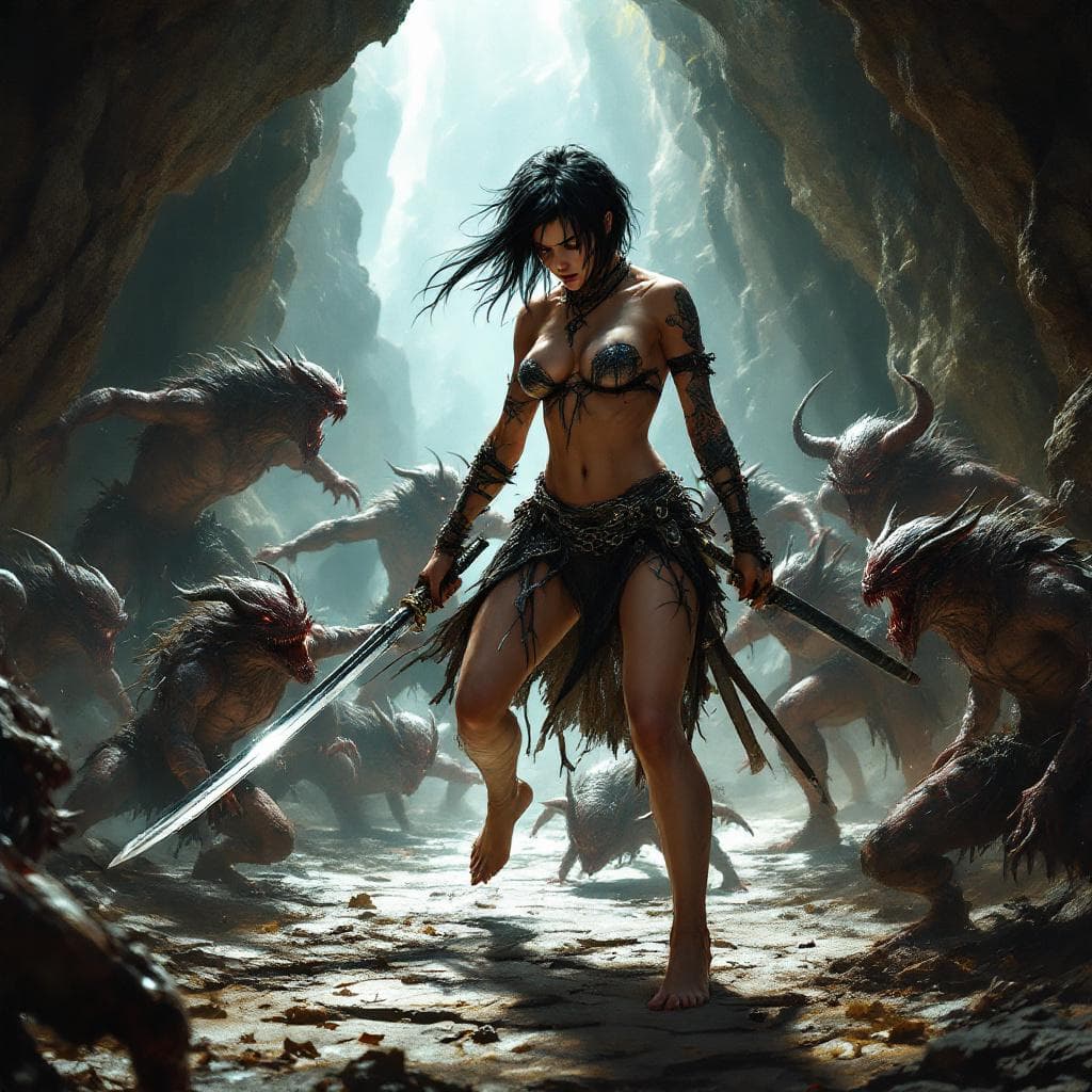 AI generated: A full body view of a (((barefoot))) Female Warrior, killing several little demons in grotto. extrem...
