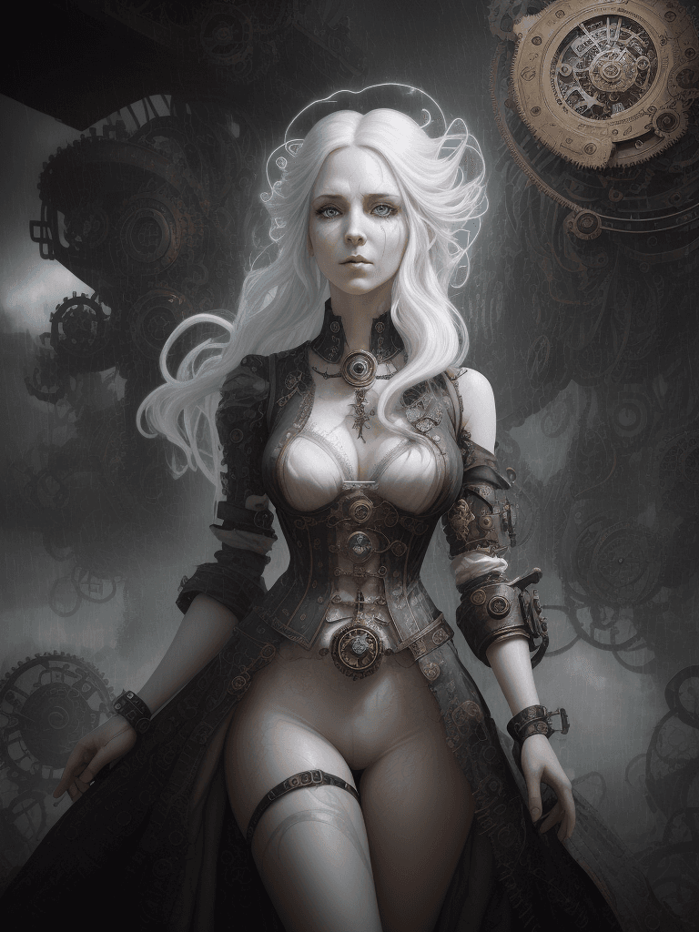 AI generated: "Depict an 8k, hyper-realistic portrait of a mysterious, steampunk sorceress, standing amidst a swir...