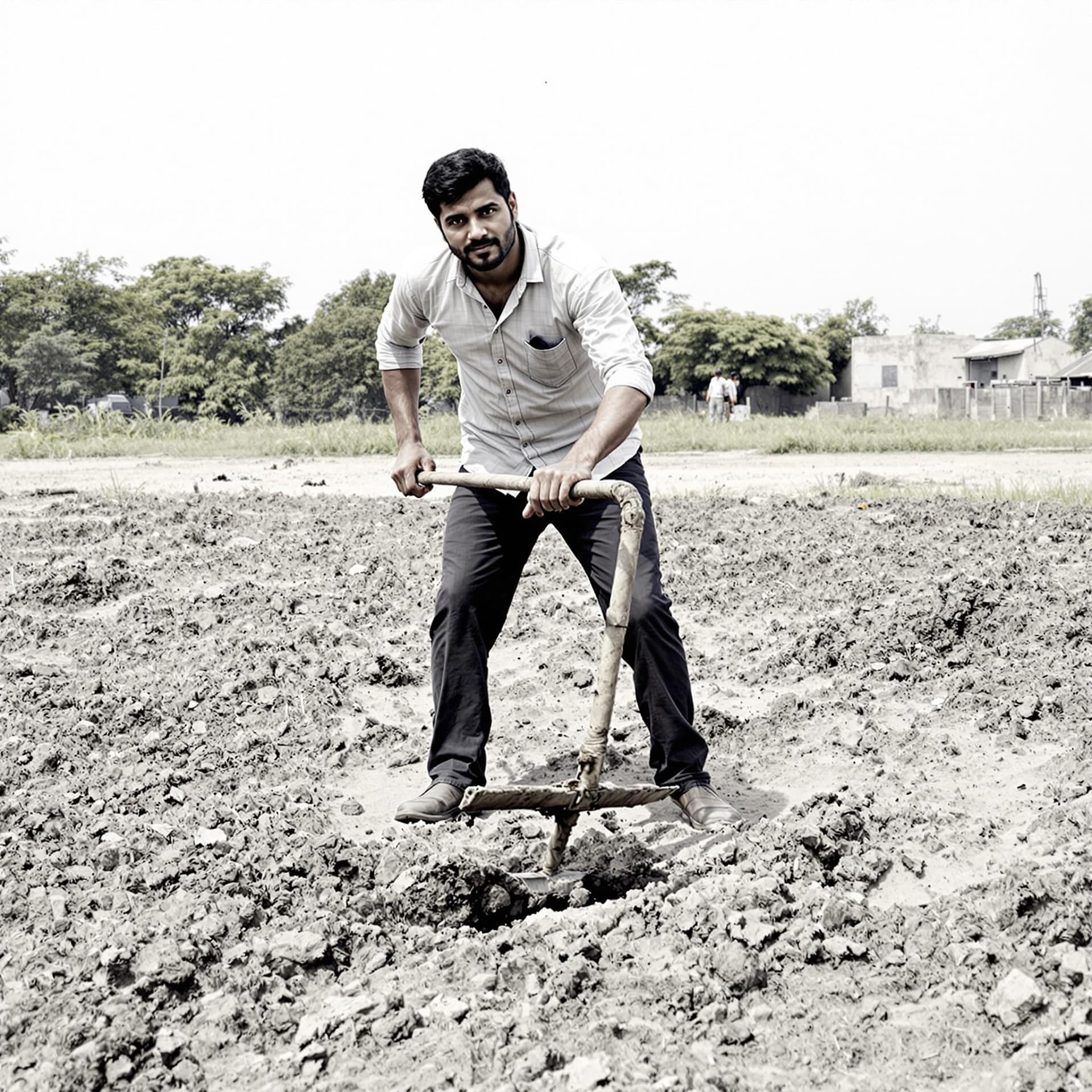 AI generated: In the photo, a man plows the ground with a plow and looks at the camera.
